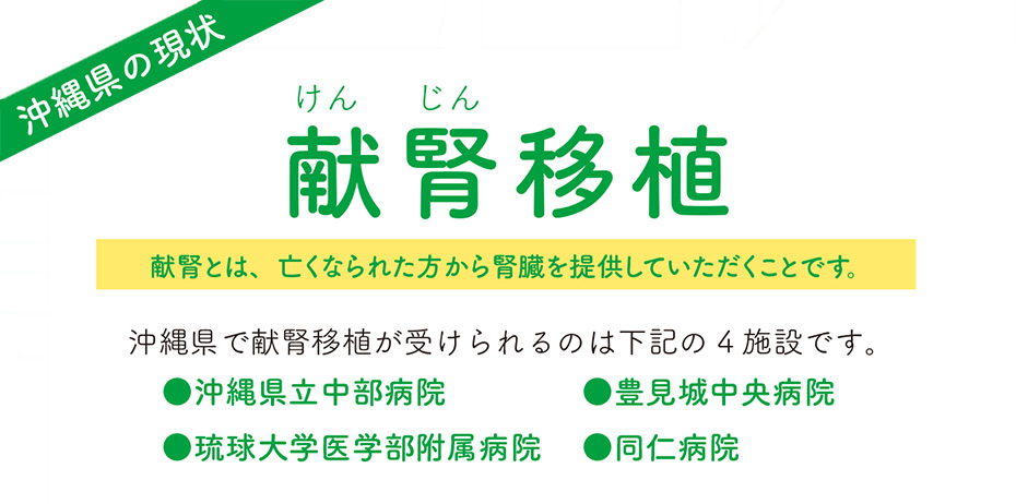 【献腎移植】沖縄の現状／献腎とは、亡くなられた方から腎臓を提供していただくことです。沖縄県で献腎移植が受けられるのは次の4施設です。・沖縄県立中部病院　・豊見城中央病院　・琉球大学医学部附属病院　・同仁病院